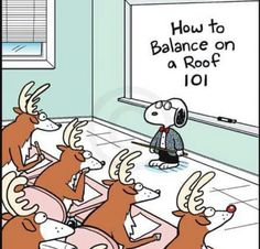 a cartoon depicting how to balance on a roof with deer sitting in front of it