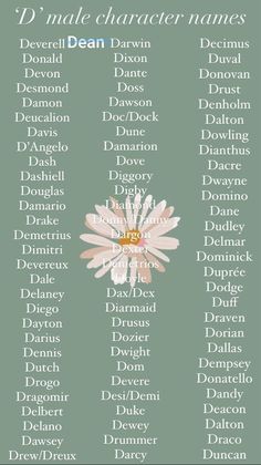 a green and white flower with the words d'index character names written below it