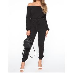 Super Cute Off The Shoulder Black Jumpsuit With White Stripe On Pants. Tie Front. Brand New, With Tags! Casual Stretch Jumpsuits And Rompers For Going Out, Casual Jumpsuits And Rompers For Going Out In Fall, Casual Black Overall Bodysuit, Casual Jumpsuits And Rompers For Fall Night Out, Casual Jumpsuits And Rompers For Going Out, Black Casual Jumpsuits And Rompers For Going Out, Mesh Romper, Fashion Nova Jumpsuit, White Lace Romper