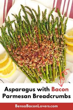 asparagus with bacon parmesan breadcrumbs on a plate