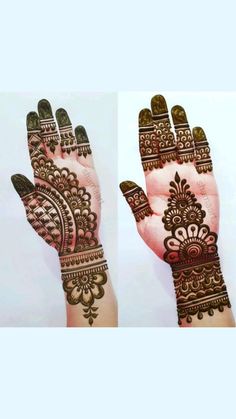 two hands with henna designs on them, one showing the intricate design and the other showing