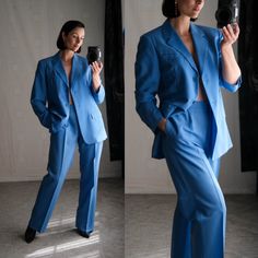 FREE DOMESTIC SHIPPING This absolutely beautiful vintage Y2K Max Mara cornflower blue suit is a shop favorite! Such a striking suit made from an ultra luxurious wool and mohair blend. The perfect Spring/Summer weight dress to dress up or down. Timeless two button front blazer paired with mid rise wide leg slacks. Excellent suit to tailor to the perfect fit with room to let out or be taken in. Made in Italy. Please refer to measurements below. <> Designer: Max Mara <> Made in Italy <> 50% Wool 50 Blue Single-breasted Formal Pantsuit, Blue Single-breasted Set For Spring, Blue Single Breasted Set For Spring, Formal Blue Single-breasted Pantsuit, Fitted Blue Pantsuit With Suit Collar, Blue Single-breasted Semi-formal Pantsuit, Tailored Single-breasted Blue Pantsuit, Blue Single-breasted Pantsuit With Notch Lapel, Blue Single Breasted Pantsuit With Notch Lapel