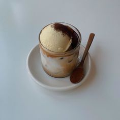 an ice cream sundae on a plate with a spoon