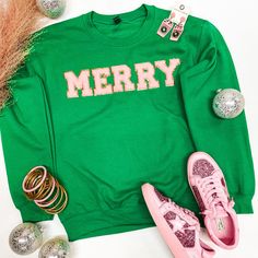 Merry Chenille Letter Graphic Sweatshirt with Long Sleeves in Green S | Trendy pieces for all shapes and sizes. Green Top With Letter Embroidery For Winter, Green Tops With Letter Embroidery For Winter, Green Embroidered Text Sweatshirt For Winter, Green Sweatshirt With Letter Embroidery For Fall, Green Letter Embroidery Sweatshirt For Fall, Green Winter Sweatshirt With Text Print, Green Text Print Sweatshirt For Winter, Winter Crew Neck Top With Letter Patch, Green Letter Print Sweater For Loungewear