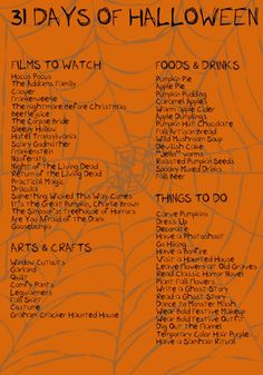 an orange and black poster with the words 31 days of halloween written in different languages