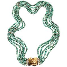 5 String Necklace of Peruvian Precolumbian Imperial Turquoise/Malachite Miniature Beads (2000 years old) with Chavin Gold Feline Masquette, Ex. Gerald Berjonneau. Modern new string and clasp. Jewelry Facts, Columbian Emeralds, String Necklace, Handmade Jewelry Ring, Contemporary Necklace, Beading Jewelry, Jewelry Turquoise, Turquoise Bead Necklaces, Stone Beaded Necklace