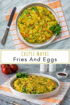 an egg casserole in a white dish on top of a table with tomatoes and parsley