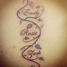 a woman's back with the words family and rose tattoos on her chest,