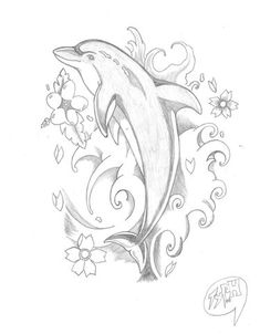 a drawing of a dolphin with flowers on it