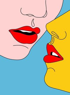 two women with red lips and yellow hair are facing each other, one has her mouth open