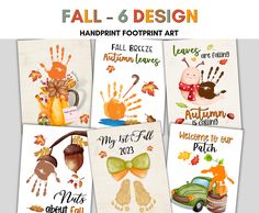 four different cards with hand prints and autumn sayings