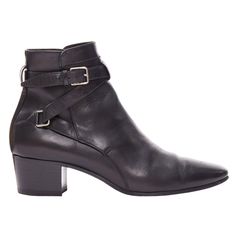 SAINT LAURENT Blake black leather silver buckle motorcycle jodphur boot EU37 Reference: LNKO/A02365 Brand: Saint Laurent Model: Blake Material: Leather Color: Black, Silver Pattern: Solid Closure: Buckle Lining: Black Leather Extra Details: Smooth Jodhpur Calfskin Blake Ankle Boots size 35 in Black. These super-chic boots are crafted of smooth calfskin leather in black. These boots feature a wrap-around leather strap along the ankles and 1.75 inch block heels. Made in: Italy CONDITION: Condition: Fair, this item was pre-owned and is in fair condition. Please refer to image gallery for thorough condition check. Natural creases at toes. Micro scuffed toes. Micro cracking of leather at straps. Micro scratches at leather at back. Overall looks used but no big flaws. Comes with: Style code pres Italian Boots, Chic Boots, Gogo Boots, French Fashion Designers, Pierre Hardy, Italian Shoes, Women Ring, Tan Suede, Flat Boots