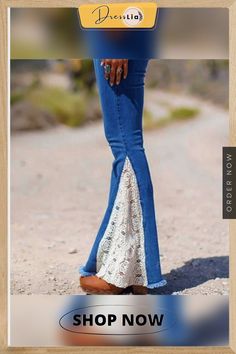 a woman's legs in blue jeans and heels with the words, shop now