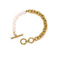 Elegant Asymmetrical Pearl & Gold Chain Bracelet - Lucid Fantasy Metal Bracelet, Bracelet Online, Gold Bracelet Chain, Natural Pearl, Pearl Types, Bracelet Clasps, Pearl Chain, Metal Bracelets, Toggle Clasp