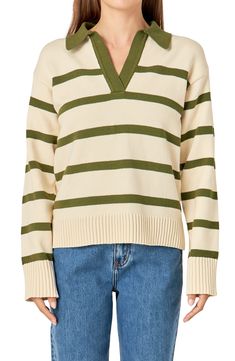 A polished collar tops this cozy sweater knit with horizontal stripes and ribbed trim. Spread collar Long sleeves 54% acrylic, 38% polyester, 8% cotton Hand wash, dry flat Imported Knitwear Trends, Knit Loungewear, Collared Sweater, Strapless Bodycon Dress, English Factory, Denim Sweater, Blouse Pants, Leather Denim, Collar Sweater