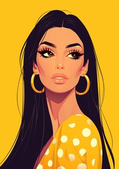 a woman with long black hair and big hoop earrings on her head, wearing yellow polka dot dress