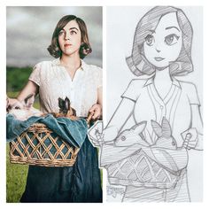 a woman holding a basket next to a drawing of a girl with a rabbit in her lap