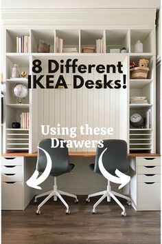 two chairs sitting in front of a desk with bookshelves on it and the words, 8 different ikea desks using these drawers