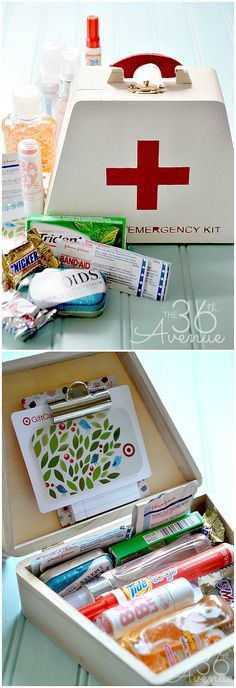 an open medicine box filled with lots of medical supplies on top of a white table