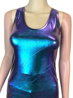 "**Due to SO MANY issues with USPS - we STRONGLY ENCOURAGE you to purchase the UPS Upgrade with your order located here: https://www.etsy.com/listing/926751536/ups-upgrade Made of holographic \"oil slick\" metallic spandex, tank fits snug to the body. The hologram spandex shines in rainbow colors in the light. Women's Sizing (See below for instructions on where measurements should be taken) Extra Small: Bust 31\"-32\" / Waist 24\"-25\" / Hips 33\"-35\" Small: Bust 33\"-34\" / Waist 26\"-28\" / H Metallic Fitted Activewear For Sports, Metallic Fitted Gym Activewear, Metallic Fitted Workout Activewear, Fitted Racerback Top For Club, Fitted Purple Racerback Activewear, Oil Slick, Rave Wear, Small Waist, Womens Tank