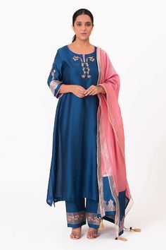 Royal blue A-line kurta with embroidery along the neckline and sleeves. Paired with a pant and tissue applique work dupatta. - Aza Fashions Festive Anarkali Dupatta With Embroidered Neckline, Festive Dupatta With Embroidered Neckline For Eid, Eid Festive Dupatta With Embroidered Neckline, Traditional Palazzo Set With Embroidered Sleeves, Designer Blue Palazzo Set With Embroidered Border, Diwali Traditional Wear Straight Kurta With Embroidered Neckline, Traditional Anarkali Set With Embroidered Neckline For Eid, Anarkali Palazzo Set With Embroidered Sleeves For Diwali, Blue Embroidered Palazzo Set For Designer Outfits