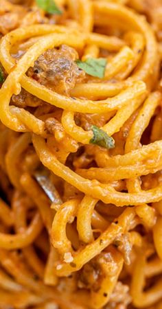 spaghetti with meat and parsley on top