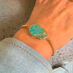 18 K over brass, adjustable to fit most wrists, Gold beads, natural stone, cinch, slider. each stone will be different, making the bracelet unique to you. Turquoise Gold Ring, Slider Bracelet, Cuff Rings, Gold Dipped, Bracelet Gold, Open Ring, Gold Bangles, Chain Link Bracelet, Gold Beads