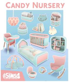 an image of a baby's nursery room with furniture and toys in pastel colors