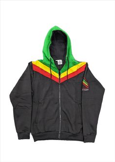 Reggaenthings Rasta hoodie Black with rasta stripes around shoulders and green hoodie. two side pockets with zippers Green Double-lined Hoodie For Streetwear, Urban Green Hoodie With Double-lined Hood, Green Sports Hooded Jacket With Double-lined Hood, Hooded Track Jacket With Three Stripes For Streetwear, Green Sports Hooded Jacket, Green Hooded Sports Jacket With Double-lined Hood, Green Hooded Hip Hop Outerwear, Sporty Green Hooded Jacket For Streetwear, Green Hooded Jacket For Sports