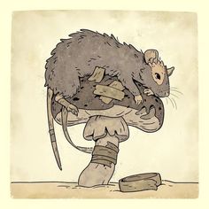 a drawing of a rat carrying a piece of wood in it's back paws