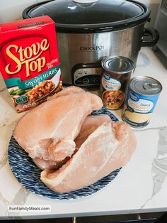 the ingredients to make slow cooker chicken are displayed on a kitchen counter with an instant pot in the background