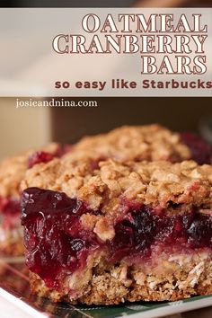 an image of oatmeal cranberry bars on a plate with text overlay