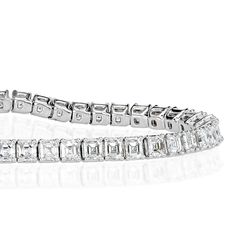 This 14k white gold asscher cut tennis bracelet design is incredibly chic with amazing sparkle. Each diamond is handset with meticulous detail so that the straight-edged features renown of the asscher cuts line up perfectly. This beauty is set with 6.34ct of perfectly eye clean and colorless asscher cut diamonds. The luxurious sleekness of this 6.5' long bracelet is sure to attract the eyes of many! Luxury Diamond White Tennis Bracelet With Diamond Cut, Ascher Cut, Long Bracelet, Mark Broumand, Asscher Cut Diamond, Diamond Tennis Bracelet, Asscher Cut, Bracelet Design, Tennis Bracelet Diamond