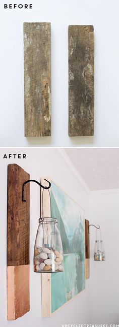 the before and after shots of an old wood plank wall hanging from a light fixture