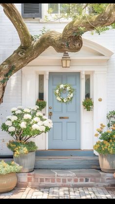 a blue front door surrounded by potted flowers