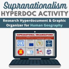 an open laptop computer sitting on top of a white background with the words, international organization hyperocment and graphic organizer for human