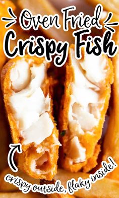 there are two pieces of fried crispy fish in the middle of some french fries