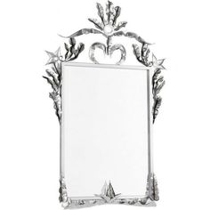 a mirror with an ornate design on the front and back sides, in silver color