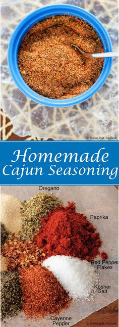 homemade cajun seasoning recipe in a blue bowl and labeled with the words, homemade cajun seasoning