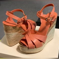 6” Heel Espadrille Wedge. You’ll Love It. Coral Looks Good On Everyone. Summer Vacation Needs These Shoes . Eu Size 41. Heeled Espadrilles, Leather Espadrilles, Jimmy Choo Shoes, Womens Shoes Wedges, Espadrilles Wedges, Jimmy Choo, Pink And Orange, Espadrilles, Wedges