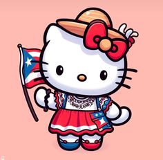 hello kitty holding a flag and wearing a red, white, and blue dress with a bow on it's head