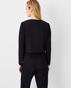 Elevate your wardrobe with the Ann Taylor Crew Neck Jacket in Seasonless Stretch, a must-have for any fashion-forward woman. This jacket is designed to offer both style and comfort, making it perfect for all seasons.

- Size: 10
- Color: Black
- Material: 68% Polyester, 29% Viscose, 3% Spandex
- Lining: 100% Polyester
- Gender: Female
- Features: Crew neck, long sleeves with functional buttons, button front, flap besom pockets, lined
- Length: 18 inches long
- Care Instructions: Machine washable Black Tailored Notched Outerwear, Classic Black Single-breasted Outerwear, Black Structured Outerwear With Button Closure, Black Single-breasted Outerwear With Stand Collar, Female Features, Black Structured Single-button Blazer, Knitted Suit, Crop Jacket, Denim Pant