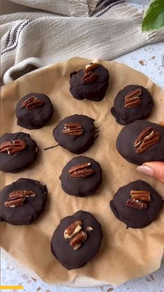 a hand holding a chocolate covered donut with pecans on top and walnuts in the middle