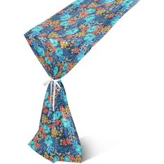 a blue and orange flowered tie tied to a white background