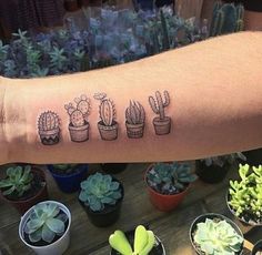 a person with a tattoo on their arm that has small cactuses in pots and succulents