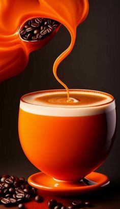 an orange coffee cup with liquid pouring out of it and some coffee beans on the ground