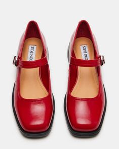 DELANCY Red Leather Mary Jane | Women's Flats – Steve Madden Red Flats Outfit, Red Mary Jane Heels, Red Mary Janes, Mary Janes Outfit, Red Mary Jane Shoes, Red Shoes Flats, Wishlist 2024, Classic Style Outfits, Flats Outfit