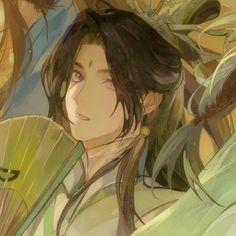 an anime character with long hair holding a fan