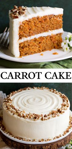 carrot cake with cream cheese frosting and walnuts on top, two pictures side by side