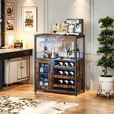 a wine rack in the middle of a living room filled with bottles and glassware